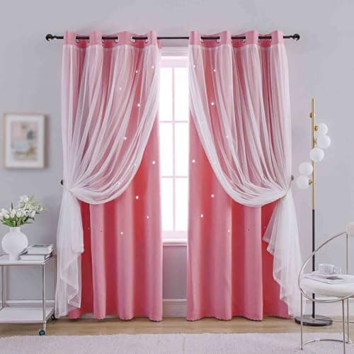 Anytime Star CutOut Blackout Curtains for Bedroom 2 Panels2Layers Mix Design of Fabric TullePretty Pure Color Window Curtain for Kids RoomW52 x L84Pink