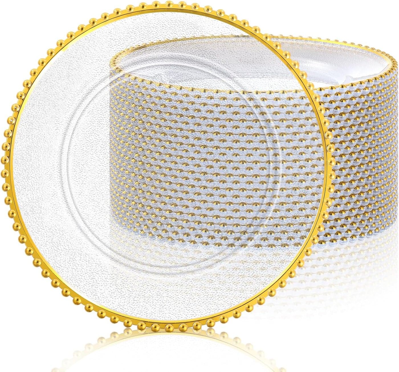 Hoolerry 12 Pack Clear Charger Plates Bulk 13 Inch Plastic Round Beaded Dinner Chargers Acrylic Frosted Grain Decorative Service Plates for Wedding Party Event Home and Kitchen Tabletop Gold