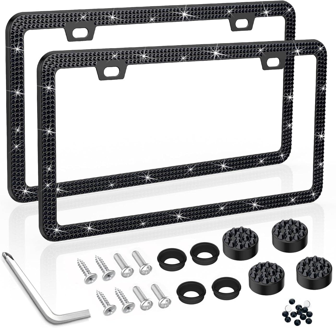 SHARE&CARE Luxury Sparkle Crystal Bling License Plate Frame with Rhinestone Crystal Diamond Screw Set - 2 Pack (BLACK2)