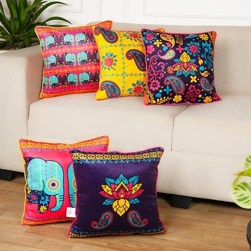 STITCHNEST Elephant Fiesta Velvet Cushion Cover Set of 5 | Both with Piping | 18x18 Inch | Soft, Premium & Colorful Home Décor for Sofa & Bed