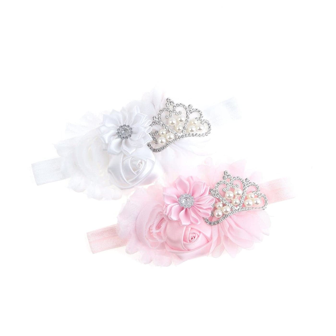Baby Christening Headband Toddler Girls Fabric Flower Headband Tiara Stretchy Elastic in Pairs Child WhitePink