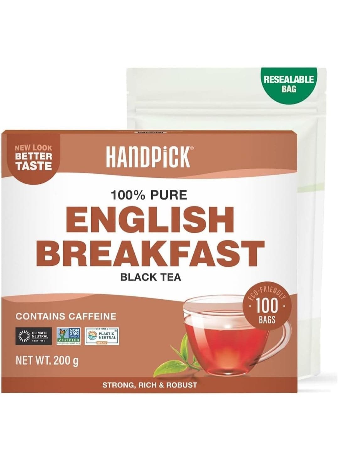 HANDPICK, Organic English Breakfast Black Tea Bags (100 Count) USDA Organic, Non-GMO | Strong, Robust, High-Caffeine Black Tea | Eco-conscious Tea Bags, Brew English Breakfast Tea & Kombucha Tea