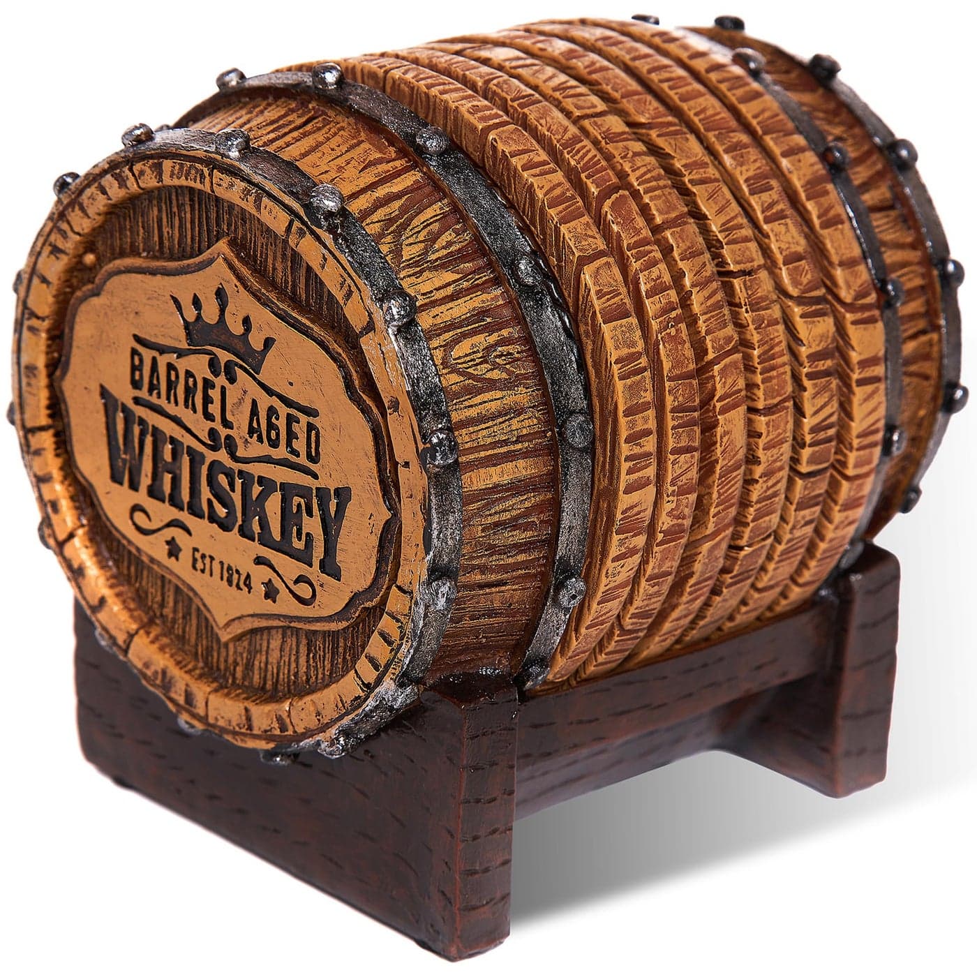 Cabin Obsession Whiskey Barrel Coaster Set Handcrafted Whiskey Barrel Decor for Whiskey Lovers and Man Cave Gifts for Men 6 Full Size Whiskey Coasters with Barrel Style Holder for Man Cave Dcor