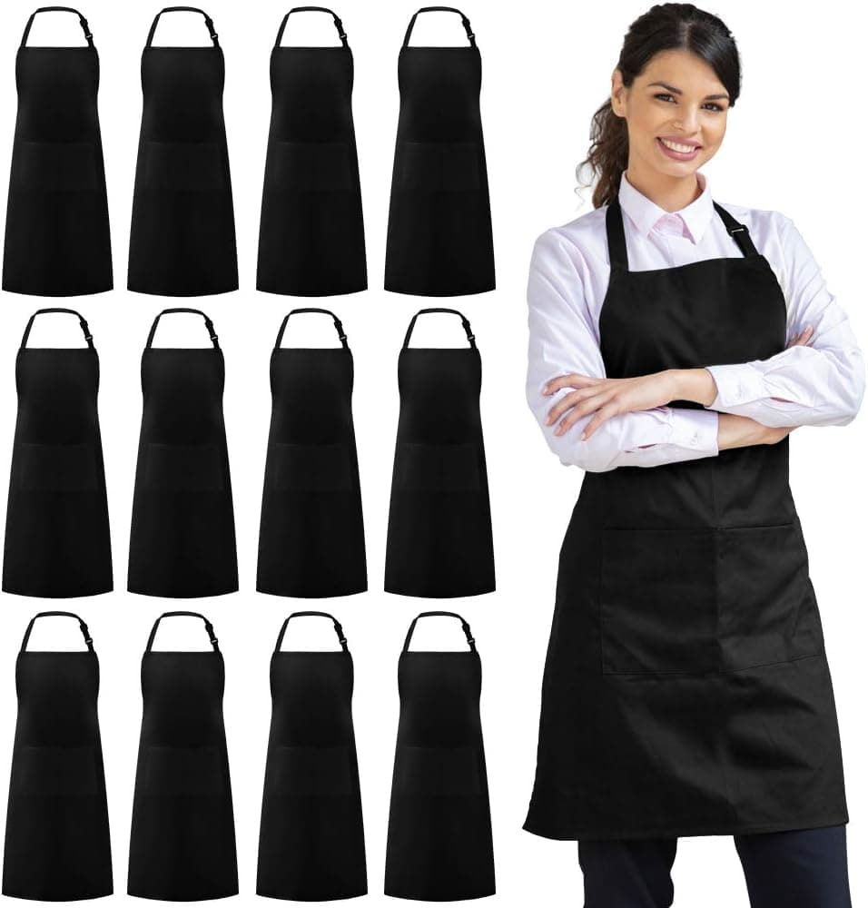 KBNBJ 12 Pack Bib Apron, Unisex Aprons Adjustable Waterdrop Resistant with 2 Pockets Cooking Kitchen Apron for Chef, BBQ Drawing Apron Bulk (BLACK)