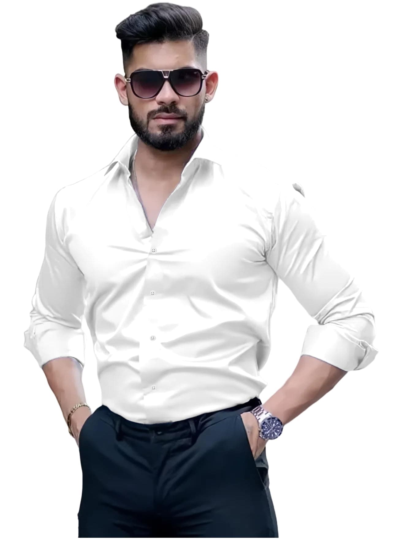 IndoPrimo Men's Cotton Shirt with Spread Collar Neck Line Solid Pattern Full Sleeves Regular Fit and Standard Length White