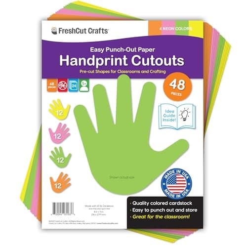 48 Piece Handprint Neon Cutouts with IDEA Guide, US Made 2-Sided Brightly Colored Card Stock Punch Out Handprint Paper Accents for Bulletin Boards, Classroom Decor, Back to School & DIY Crafting