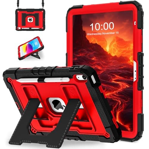 WESOROL Case for iPad A16 11th Generation 11 Inch (2025) iPad 10th Generation 10.9 Inch (2022),i Pad A16 Case Military Grade Shockproof Cases with Pencil Holder Shoulder Strap,Black Red