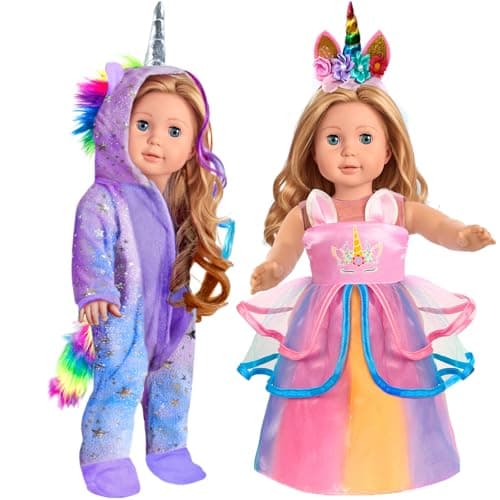 WONDOLL American 2Sets 18inch Doll Clothes Set Amazing Rainbow Unicorn Clothes with Hair Clip and Headband Compatible with All 18 inch Dolls Accessories Gifts for Kids PurpleNo Doll