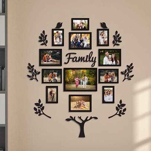 Art Street Family Tree Wall Photo Frame Set Pack of 12 with 10 MDF Cutouts for Home Decoration | Wall Photo Frame Collage for Living Room Bedroom | 4x6, 5x7, 6x8, 8x12 Inch