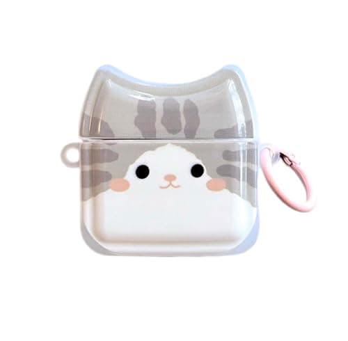 Smiling Grey Cat Earphone Case for AirPods 4, Cute Lovely Happy Cat Face Soft TPU Silicone Case, Kitty Ear AirPods 4 Cover Protective Skin Shockproof Protector for iPod Earbuds