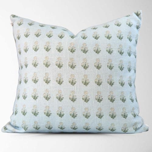 Arabella Block Print Pillow Cover – 100% Cotton Designer Throw Pillow Cover – Luxury Decorative Accent for Sofa, Couch, Bed & Modern Coastal Grandmillennial Home Décor (Blue, 22x22)