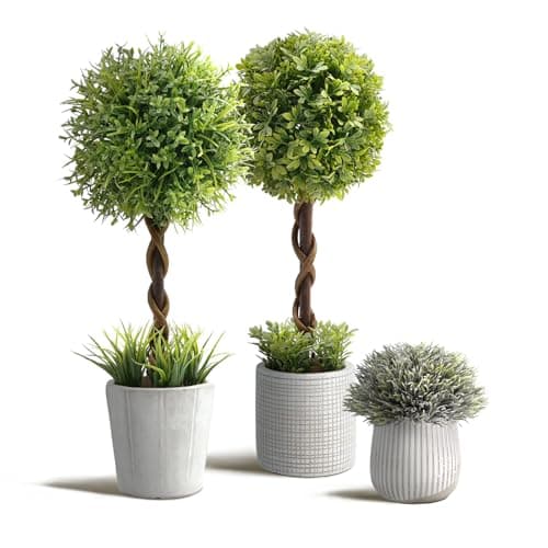3 Pack Small Fake Plants 14.57 Inch, Small Artificial Boxwood Topiary in Cement Planter, Artificial Plants Indoor/Outdoor for Home Bathroom Bedroom Kitchen Office Room Decor