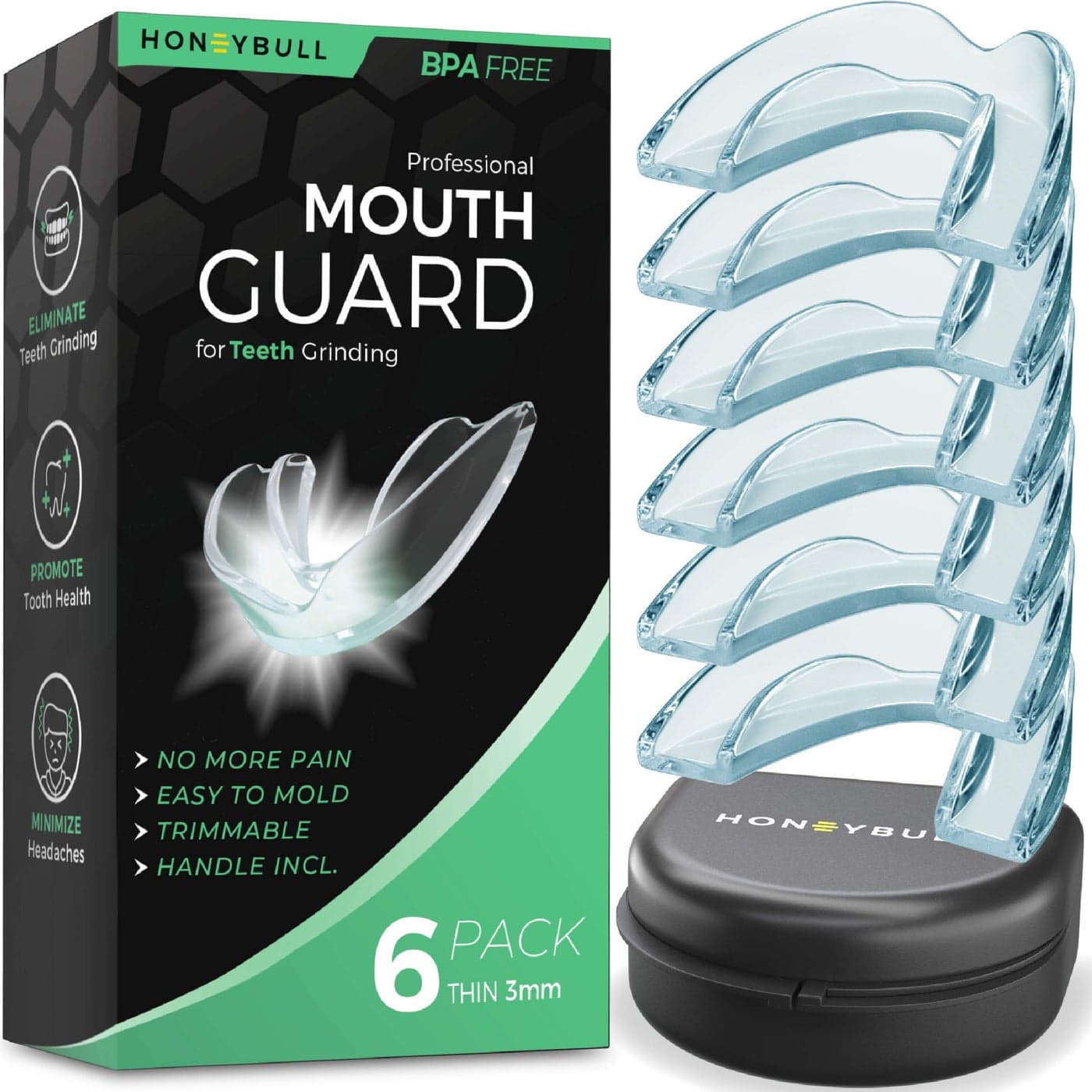 HONEYBULL Anti Grinding Guard Set 6 Pack Thin Comes in Smaller Size for Better Comfort Comfortable Custom Mouth Guard for Nighttime Teeth Grinding