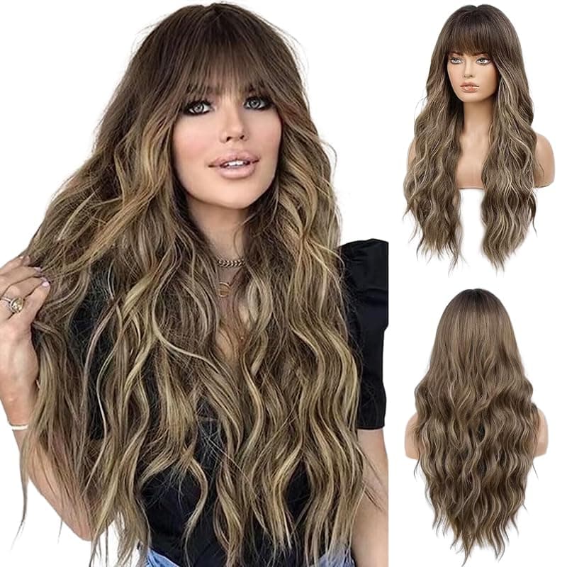 HAIRCUBE Brown with Blonde Highlight Wig Long Curly Wig with Bangs Brown wig Natural Appearance HeatResistant Synthetic Wig Suitable for Fashionable Women