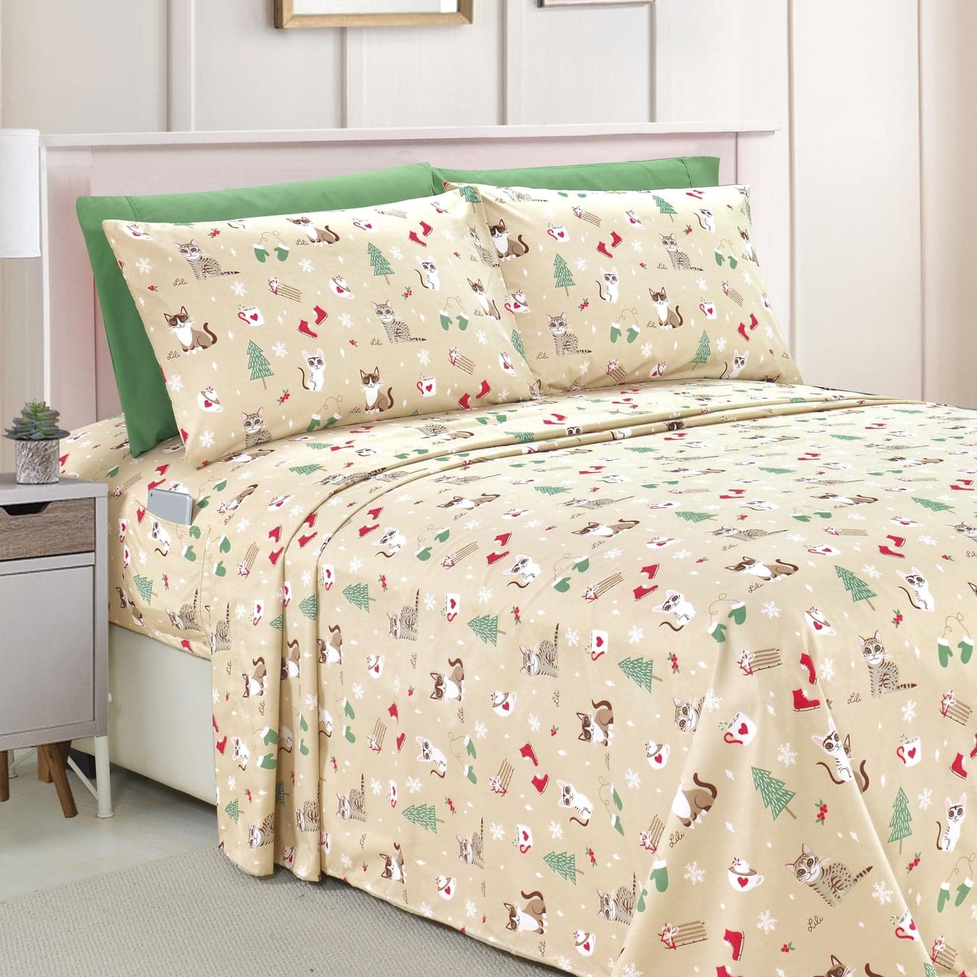 Elegant Comfort Luxury Soft Bed Sheets Holiday Pattern 1500 Premium Hotel Quality Microfiber Softness Wrinkle and Fade Resistant 6Piece Bedding Set Queen Cream Cats