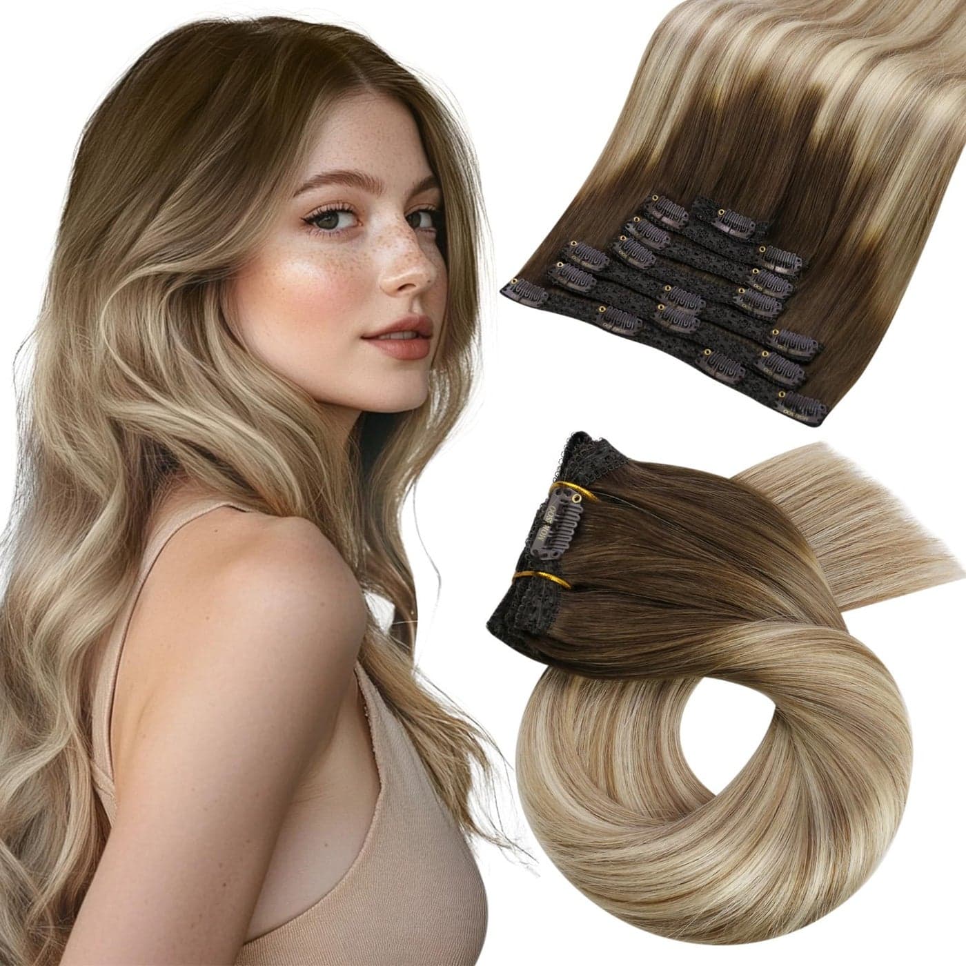 Moresoo Human Hair Clip in Extensions Balayage Double Weft Clip in Hair Extensions Real Human Hair Ombre Brown to Light Brown with Golden Blonde 7Pcs 120G 20inch