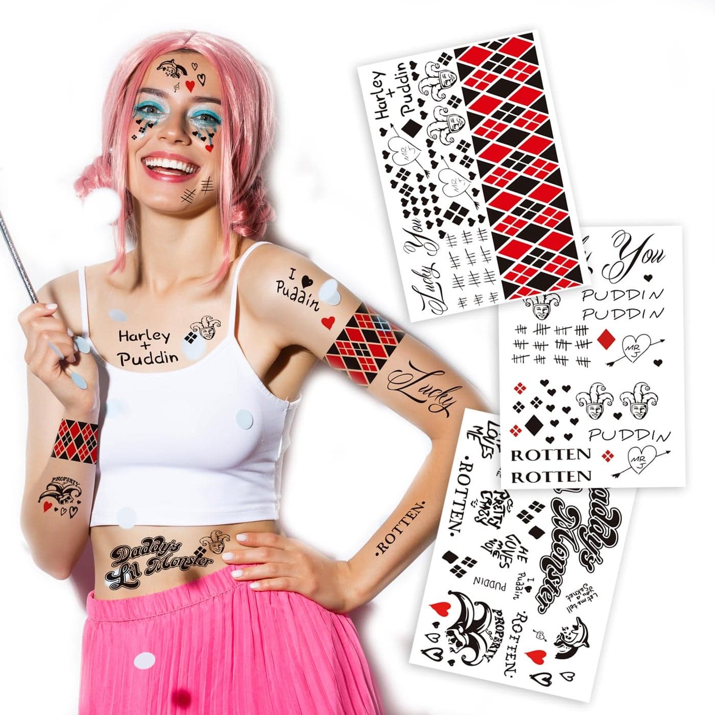 3Pack Large Cosplay HARLI QUYNN Temporary Tattoos 82 x 116 Inch Clown Girl Themed Fake Tattoos for Men Women and Kids Perfect for Halloween Cosplay and Costume Parties