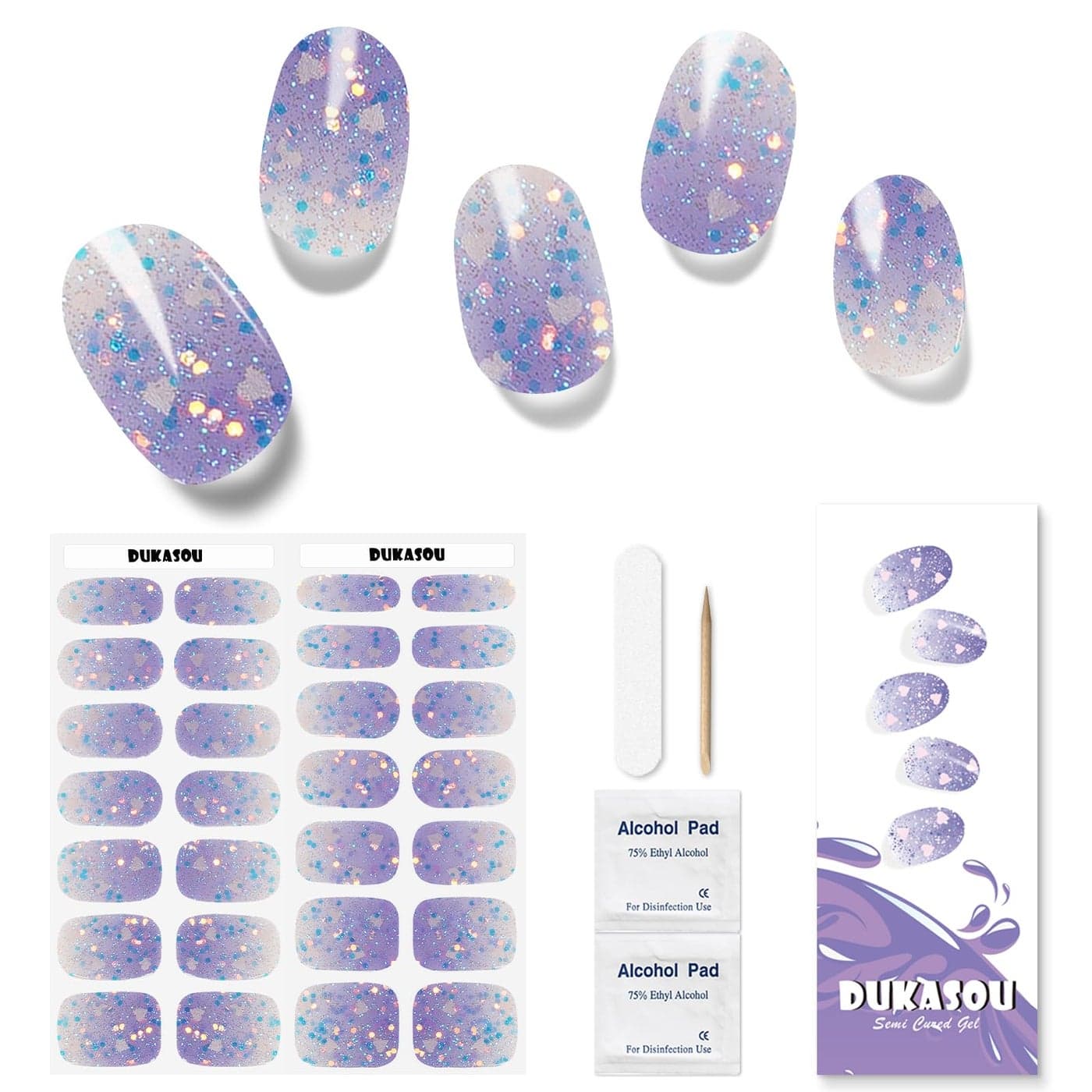 DUKASOU Semi Cured Gel Nail Strips 28pcs Gradient Love Gel Nail Strips Work with Any UV Light Gel Nail Stickers Full Nail Wraps for Women Girls Kids DIY Gift Include Prep Pads Nail FileWood Stick