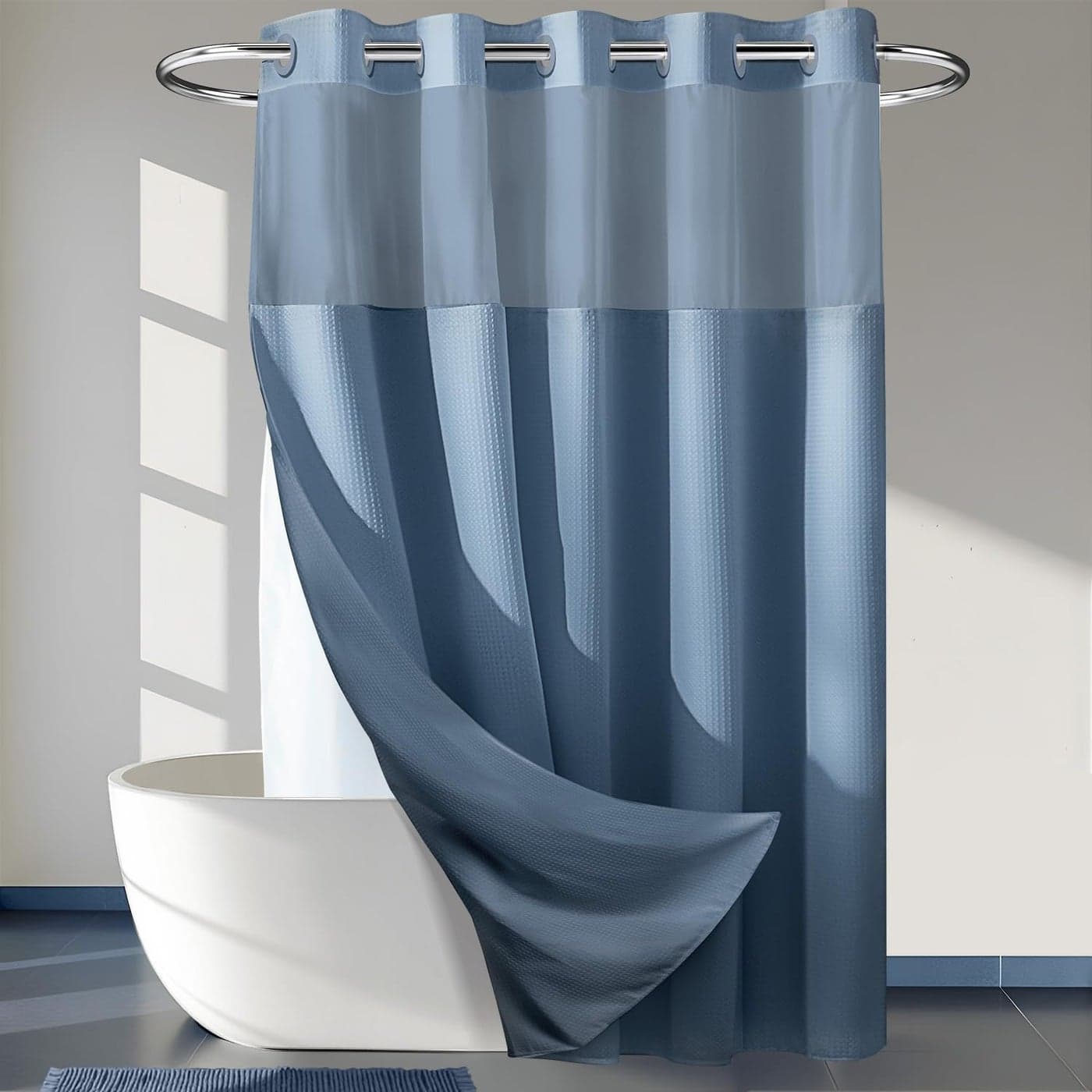 River Dream Blue Shower Curtain No Hooks Required Dotted Waffle Weave Shower Curtain with Snap in Liner 71W x 74HHotel GradeSpa Like Bath CurtainMoonlight Blue