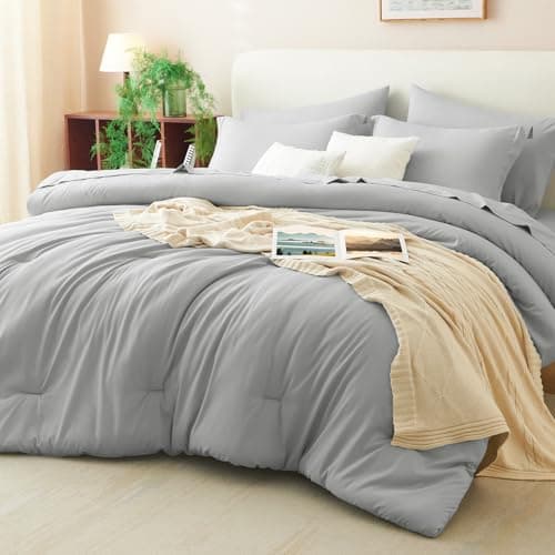 CozyLux King Size Comforter Set Light Grey, 7 Pieces Bed in a Bag King Comforter Set with Sheets, Bedding Set with Down Alternative Comforter, Fitted Sheet, Flat Sheet, Pillow Shams and Pillowcases
