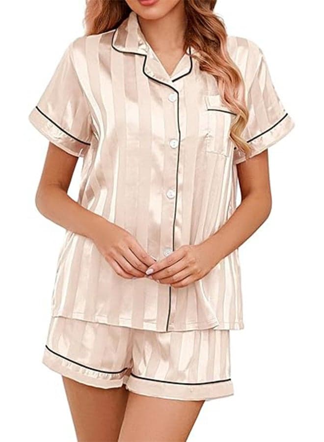 Beige Striped Pattern Piping Shirt and Shorts Set