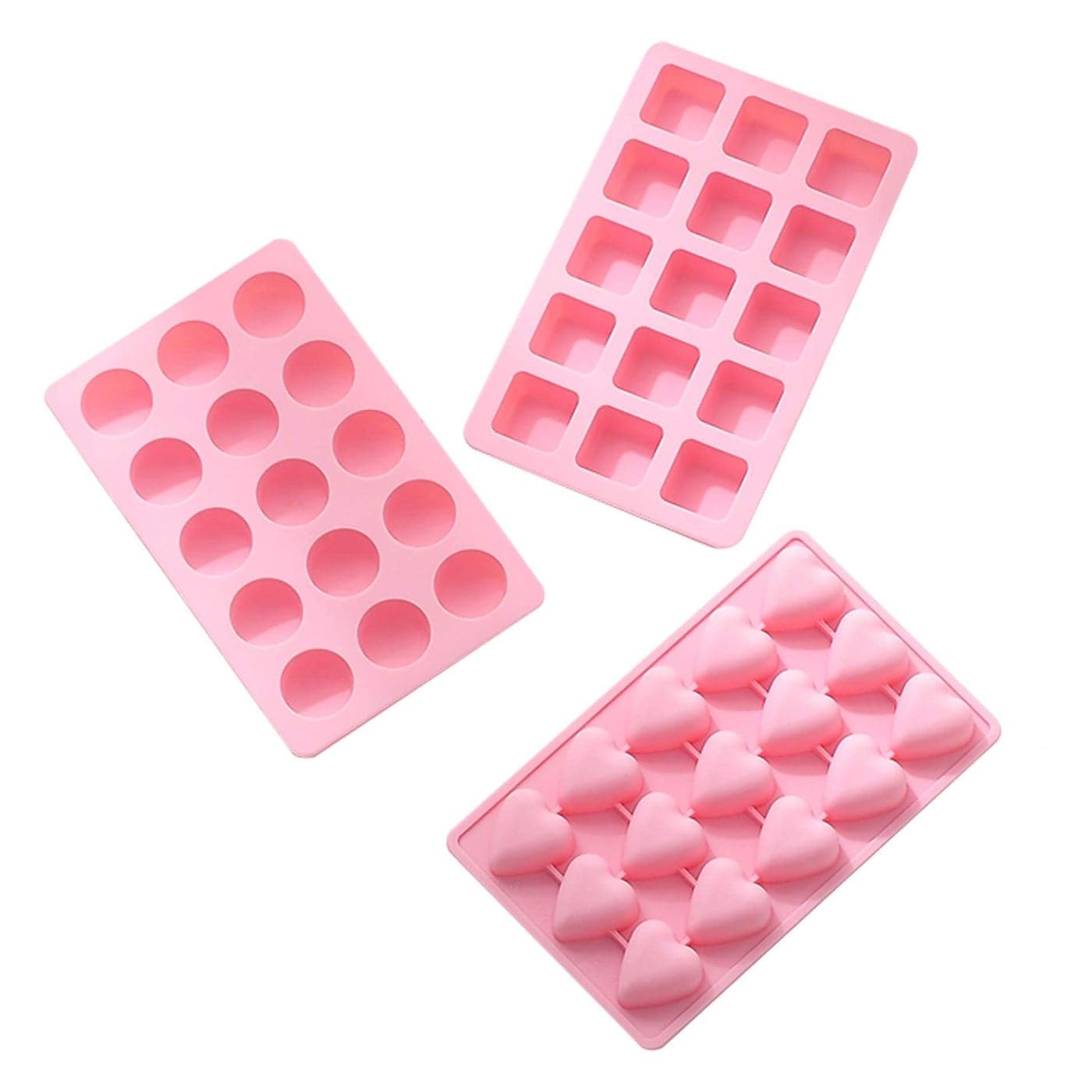 REKIDOOL 3 Pieces Candy and Chocolate Silicone Molds Set Nonstick Including Heart Round Square Baking Mold for Hard Candy Gummy Hot Caramel Ice Cake Jello Ganache Pink