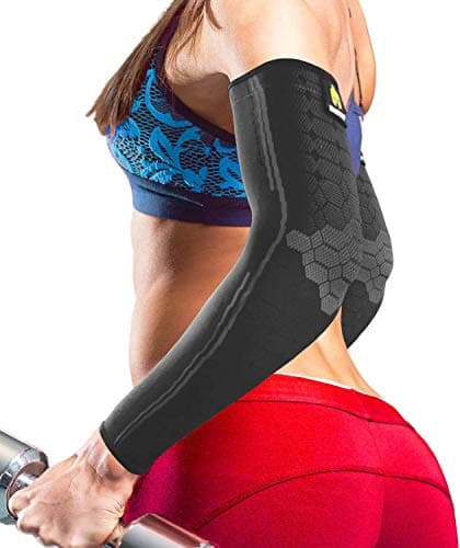 Sparthos Arm Compression Sleeve Elbow Brace for Recovery Support for Athletic Sports Running Tennis Baseball Lifting Football Gym Fit Shooting Weightlifting Golf for Men and Women BlackXS