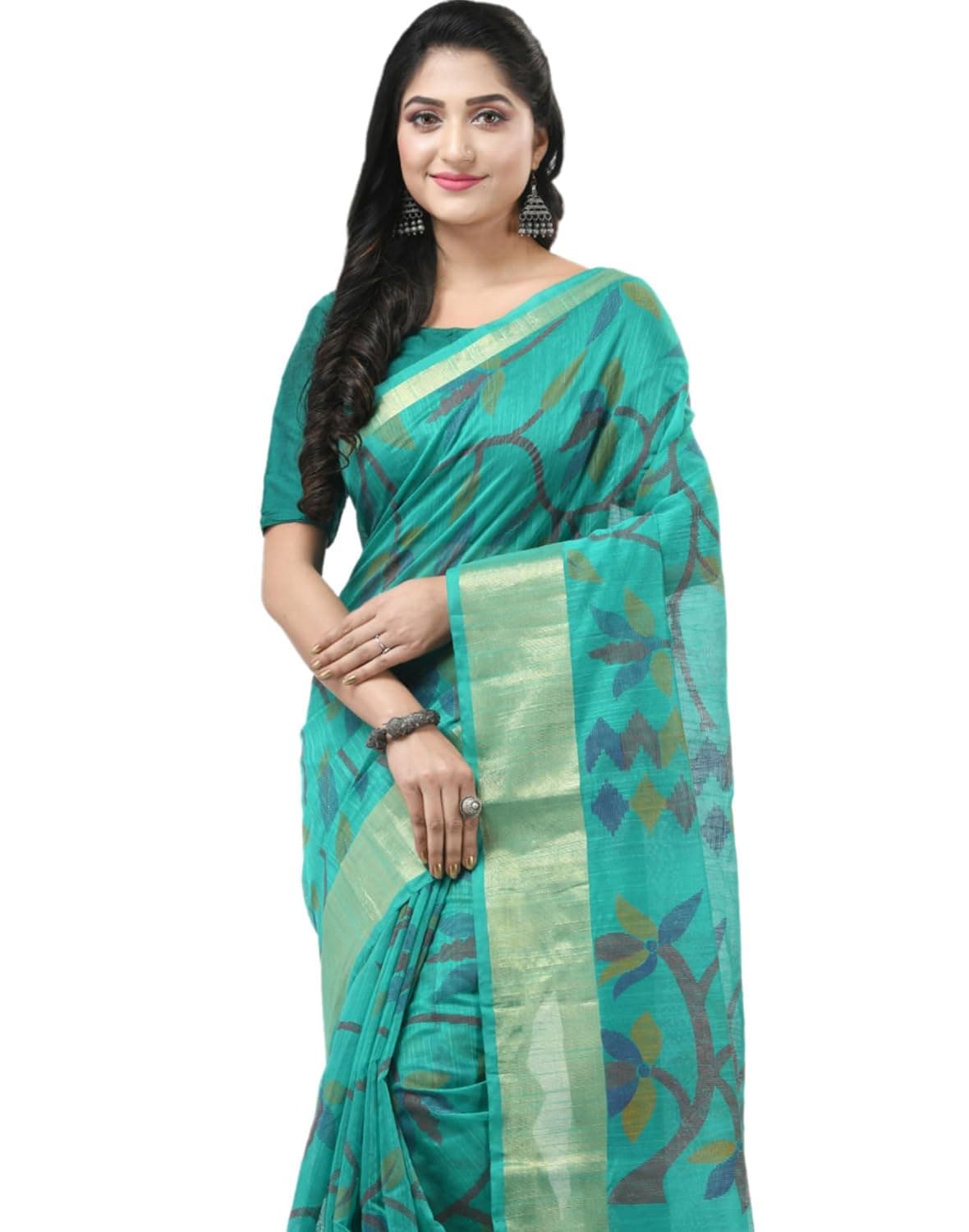 dB DESH BIDESH Women`s Cotton Silk Soft Golden Zari Sarees Trendy wedding Jamdani Floral Leaf Design Jamdani Silk Party,Wear Saree for Wedding, Bridal Sari Chiffon pure silk saree for women