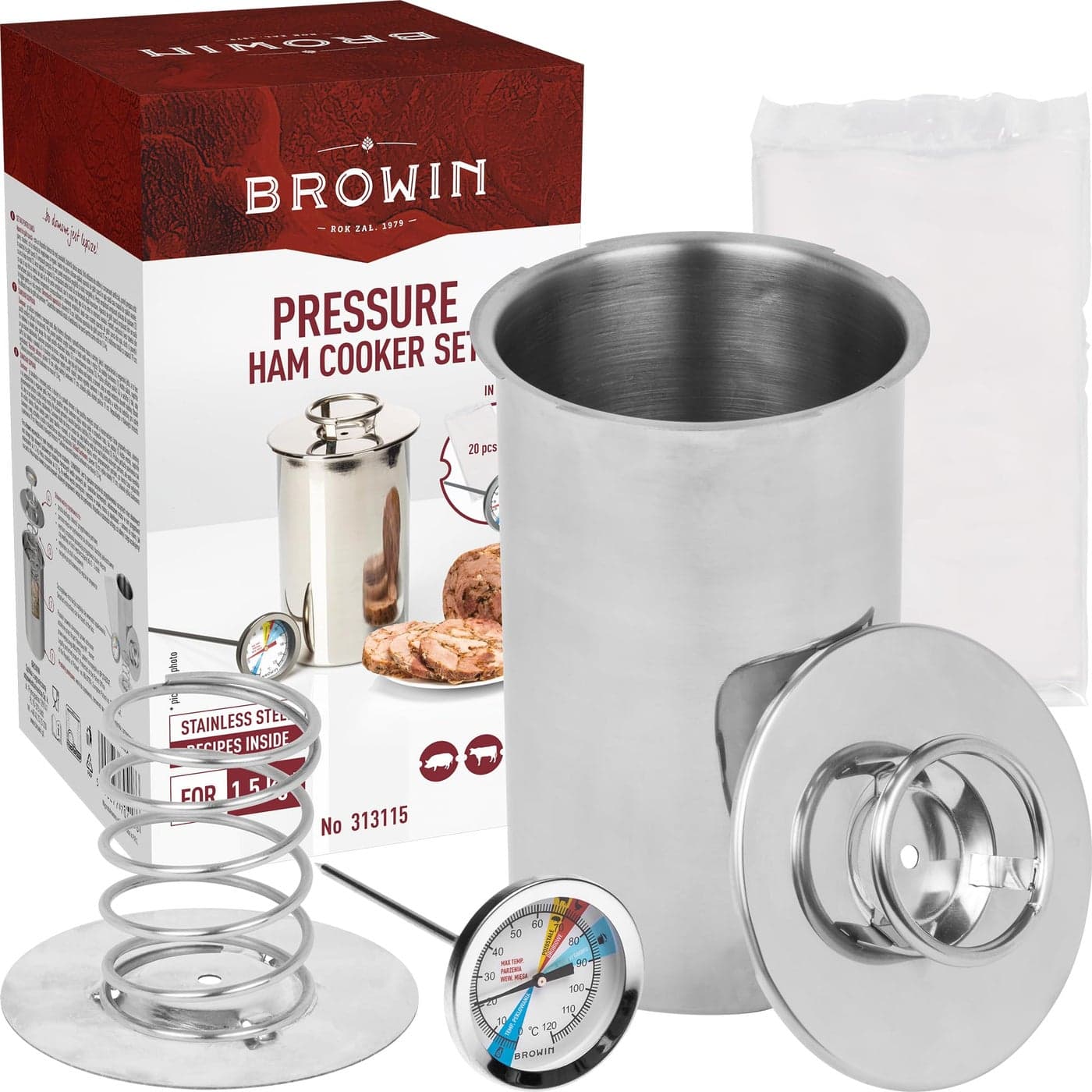 BROWIN Stainless Steel Ham Cooker 313115 Press for Making Healthy Homemade Meats Pressure Cooker with Thermometer