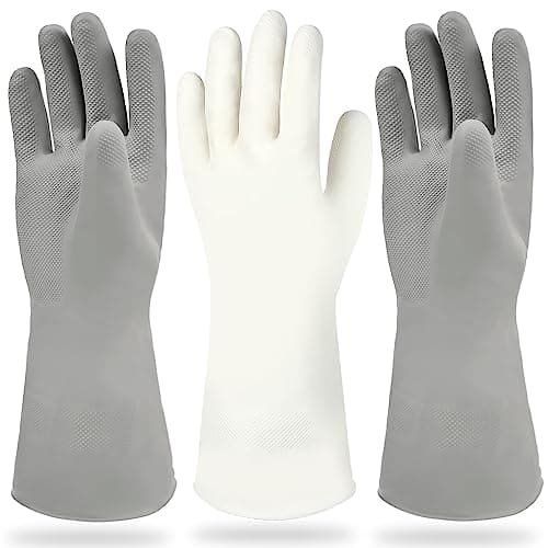 Cleanbear Cleaning Gloves Latex Free Rubber Gloves Reusable Lightweight and Durable Set of 3 with 2 Pairs of Gray Gloves and 1 Pair of White (12 Inches)