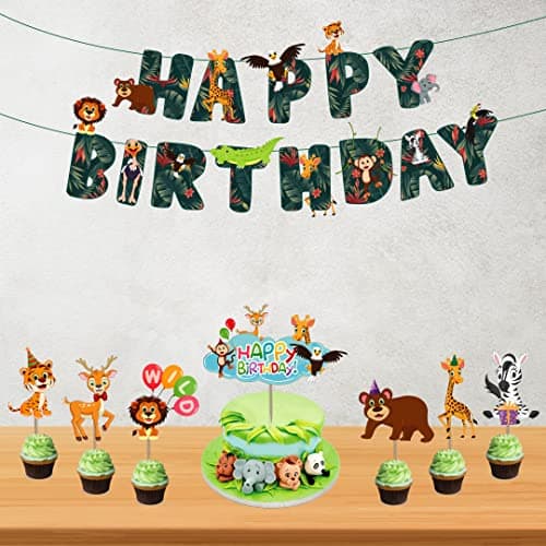 Festiko®Jungle Theme Happy Birthday Party Decoration Combo (26 pcs), Jungle Themes Party Favors for Kids Birthday Decoration(Banner,Cake Topper,Cup Cake Toppers)