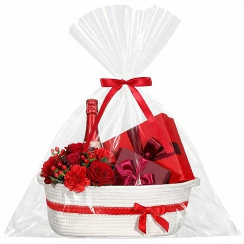 Colingmill Woven Gift Basket Empty with Handles Ribbons Bow Tie Bag 14 x 10 x 55 Inch Medium Decorative Woven Gift Basket Rope Storage Box Home Decor14 x 10 x 55 InchWhite Red