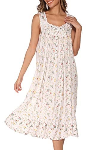 AVIIER Cotton Nightgowns for Women Sleeveless House Dress Ladies Long Nightdress with Pockets (White flowers, Large)…