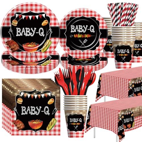Xenorik Baby Q Baby Shower Decorations Tableware BBQ Baby Shower Decorations Paper Plate Cup Napkin Tablecloth Cutlery Straw BBQ Plates And Napkins Party Supplies Serve 24