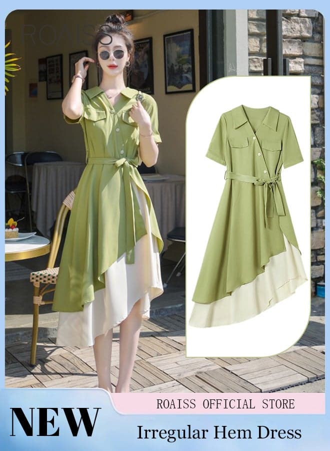 Women's Shirt Dress with Buttons, Simple Solid Half Sleeve Midi Dress, Women's Dresses Irregular Hem Solid Color Summer Dress A-Line High-Waisted Belted Polo Dress with Pockets, Green