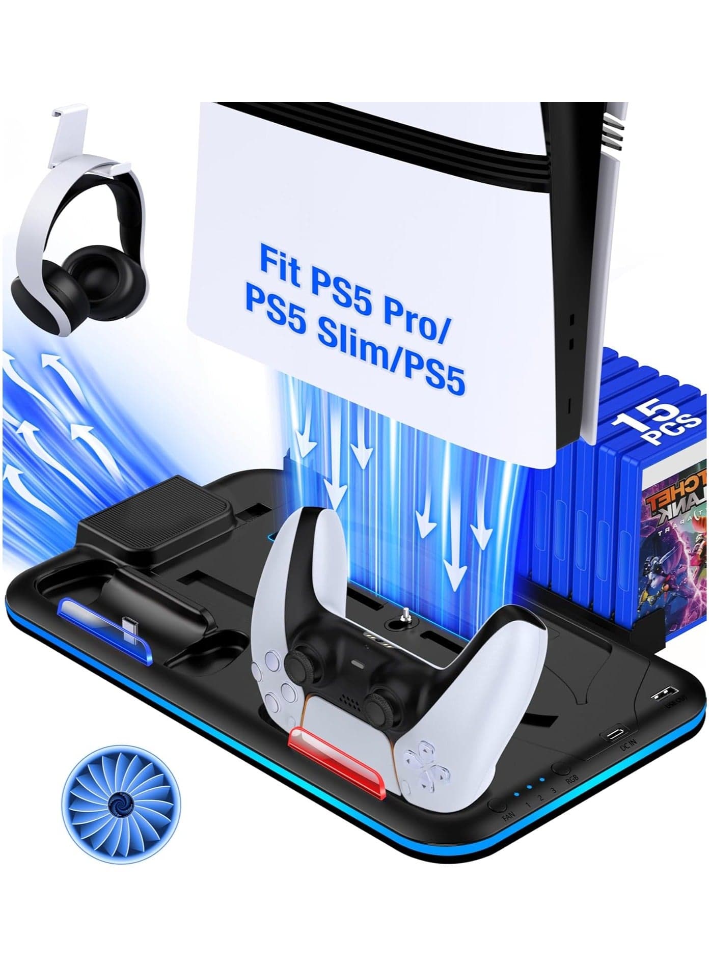 PS5/Slim/Pro Stand and Cooling Station for PlayStation 5 Consoles, PS5/Pro/Slim Accessories with 3-Level Cooler Fan, PS5 Controller Charger, Cooling Satnd, Headset Holder, 15 Game Slots, Black