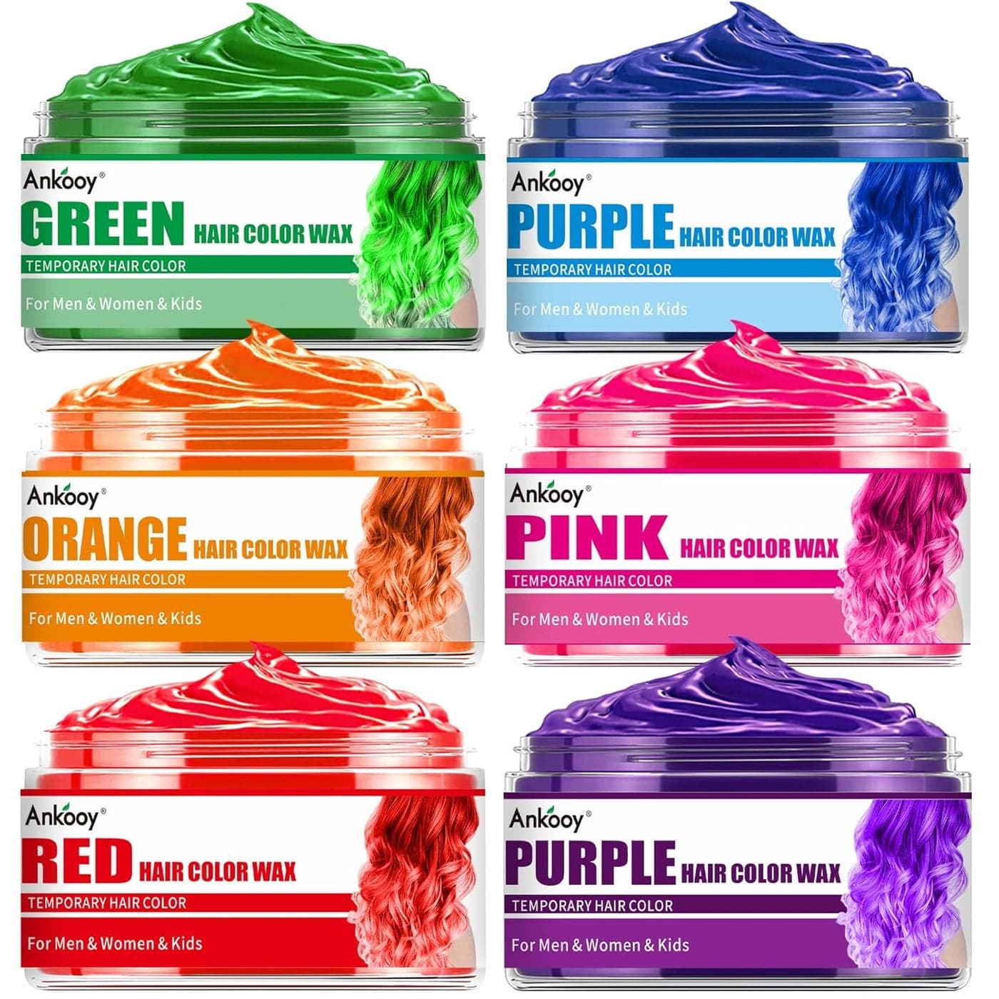 6 Pack Hair Color Wax Temporary Natural Hair Coloring Mud for Men Women Kids Daily Party Cosplay Halloween DIY Green Orange Pink Purple Red Blue