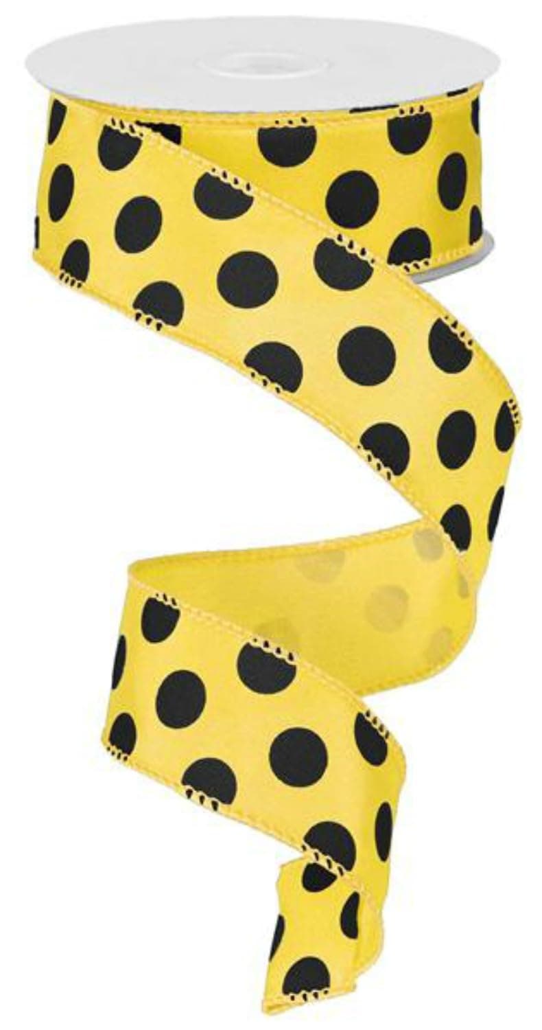 Polka Dot Wired Edge Ribbon Yellow Black 15 Inches x 10 Yards