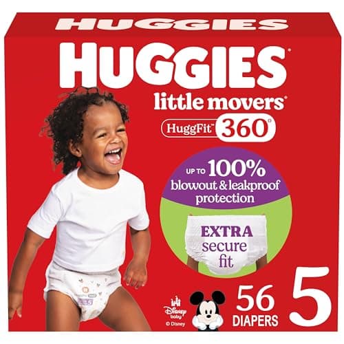 Huggies Size 5 Baby Diapers, Little Movers HuggFit 360° Baby Diapers with 360° Waistband, Size 5 (27+ lbs), 56 Count, Packaging May Vary