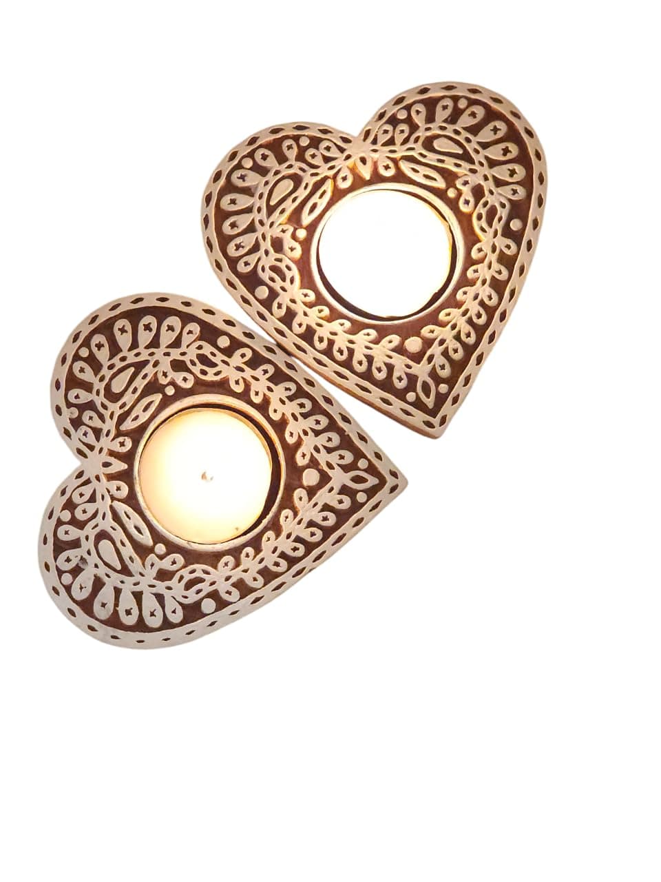 Netra Arts Wooden Tealight Candle Holders in Heart Shape Comes with Two Tealight Candles Perfect for Home Decoration and Gifting On Festival Brown Set of 2