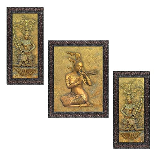 Indianara Set of 3 Women Playing Music Framed Art Painting (4082GBN) without glass 6 X 13, 10.2 X 13, 6 X 13 INCH