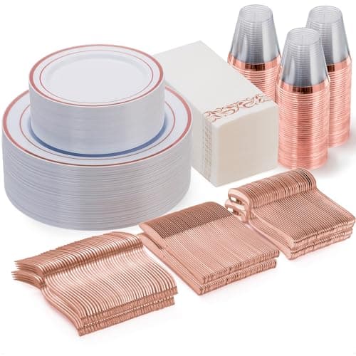 Goodluck 350 Piece Rose Gold Dinnerware Set for 50 Guests - Disposable Plastic Plates, Paper Napkins, Cups, Silverware for Party