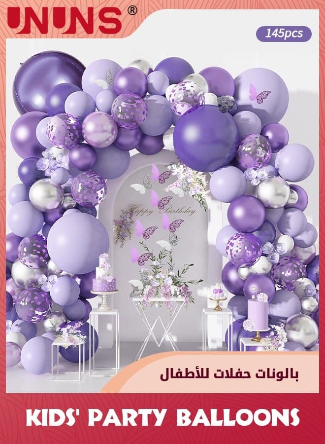 Purple Balloon Garland Kit,145 Pcs Pastel Purple Balloons Arch Kit+12 Pcs Butterfly Stickers,Lavender Purple Confetti Metallic Balloon,For Baby Shower Girls Birthday Wedding Party Decoration