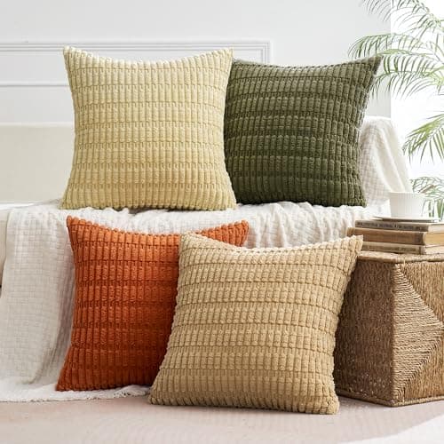 MIULEE Pack of 4 Boho Farmhouse Corduroy Decorative Throw Pillow Covers 18x18 Inch for Sofa Living Room Couch Bed Modern Retro Soft Striped Pillow Covers Home Decor Brown Green