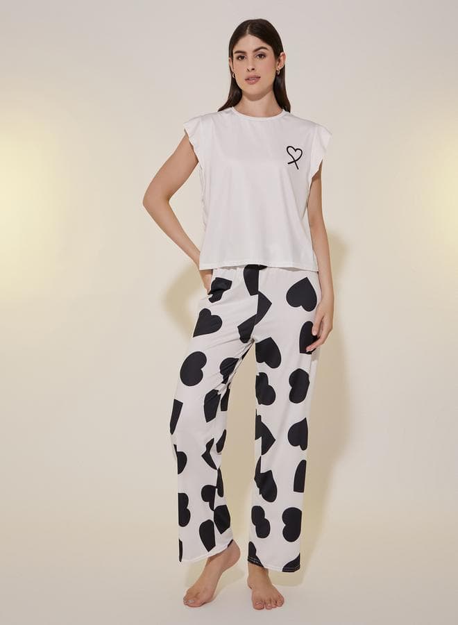 Heart Print Ruffled Sleeve Top and Pyjama Set
