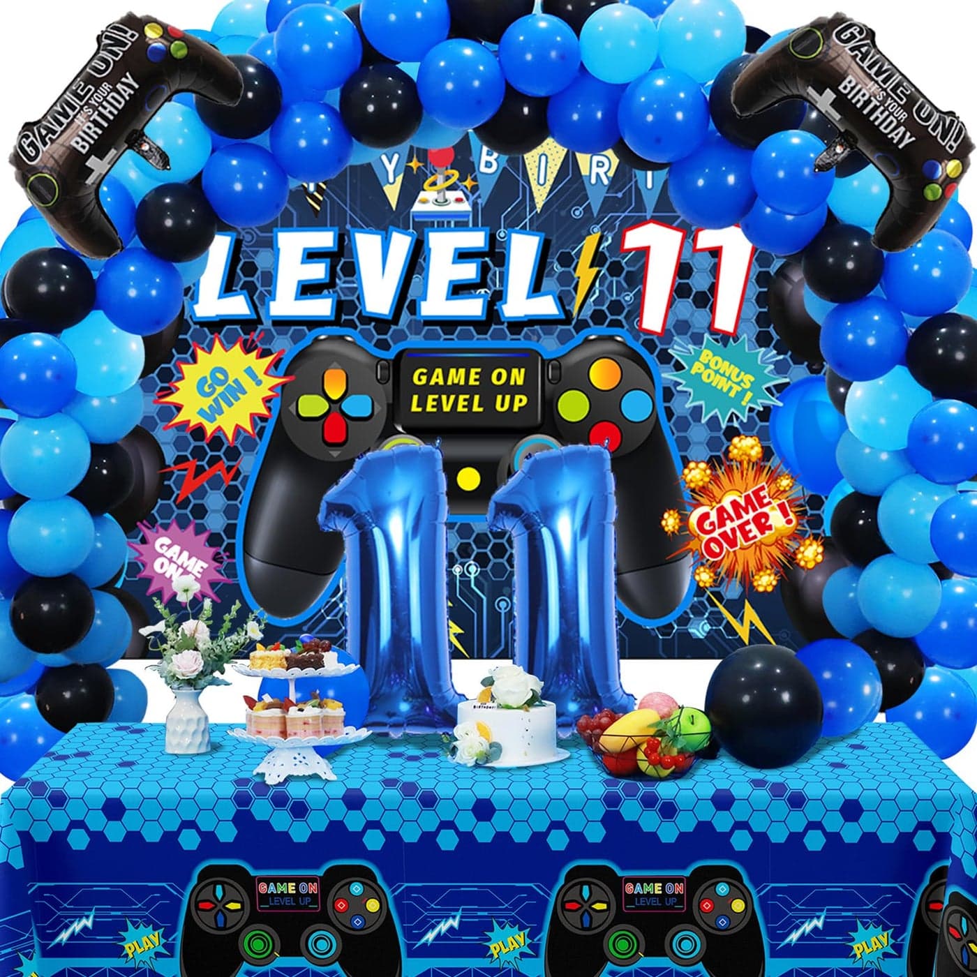 Vlipoeasn 90PCS Video Game Party Decorations for Boys Set Blue 11th Birthday Supplies Video Game Backdrop Balloons Tablecloth Gamer and Foil Balloons