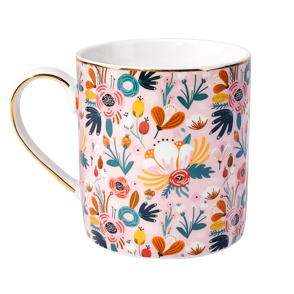 WAVEYU Ceramic Mug for Women Cute Coffee Water Mug Cup for Holiday Floral Design with Handle for Home Office Decorative Coffee Tea Cup for Women Men 14 oz Pink Flower