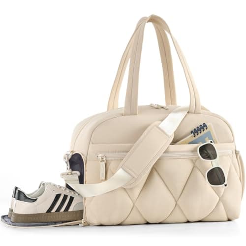 Lekespring Gym Bag for Women, Puffer Travel Duffle Bag With Shoes Compartment & Wet Pocket, Carry On Tote Bag For Weekender, Overnight, Sport duffel bags for traveling (Beige, Medium)