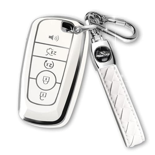 MILD EAST for Ford Key Fob Cover with Keychain,Car Key Case Shell Protector Holder 5 Buttons for Ford Explorer Fusion Escape Edge Expedition Mustang F150 F250 F350 F450 F550 Bronco,White