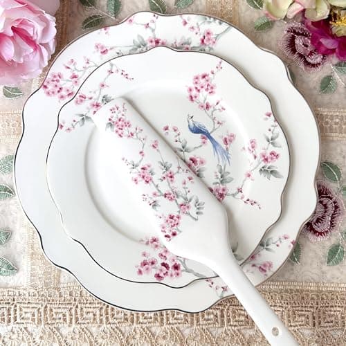 Vigneto Orchid Bliss Snack Set (1 Serving Plate, 6 Quarter Plates, 1 Server) | Finest Premium Porcelain | Handcrafted Multipurpose Luxury Floral Tableware | Lightweight & Durable